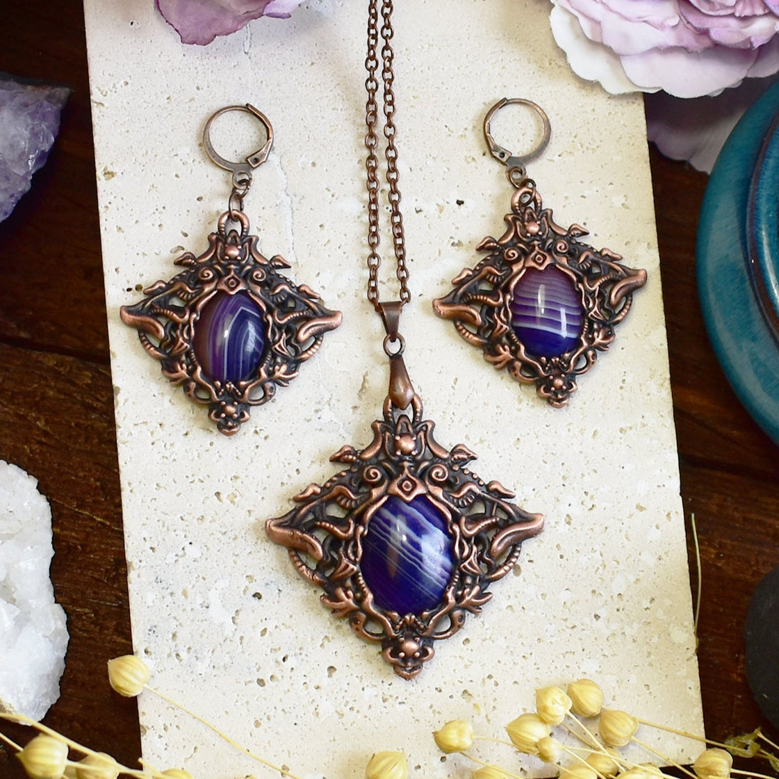 Handmade Victorian copper jewelry set with purple banded agate stones - electroformed earrings and pendant necklace
