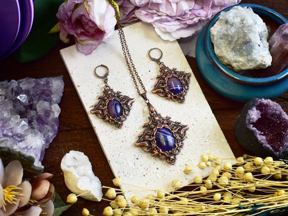 Close-up of purple banded agate copper earrings showing natural stone patterns and Victorian electroformed metalwork
