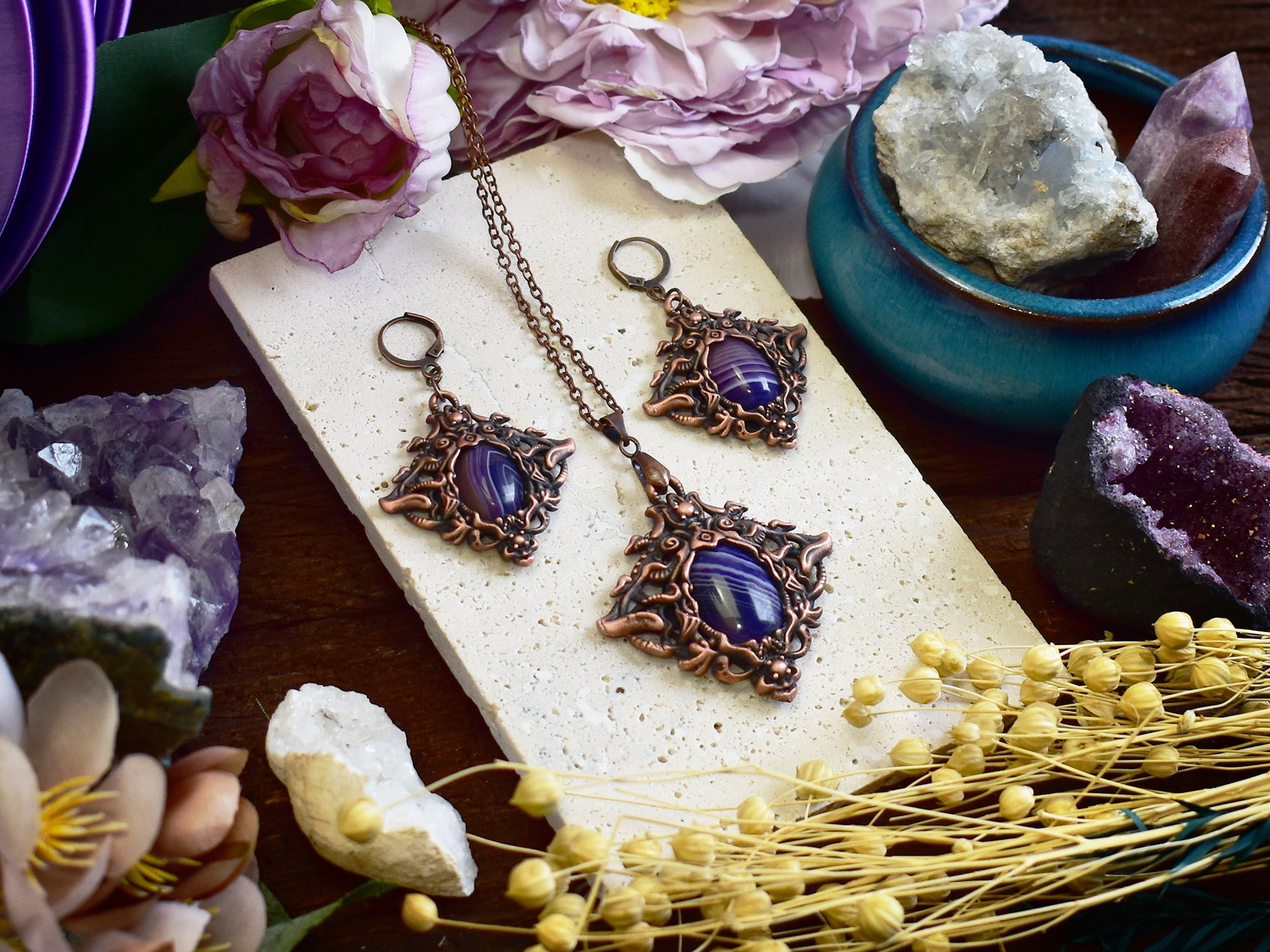 Victorian style purple banded agate jewelry set - copper electroformed earrings and pendant