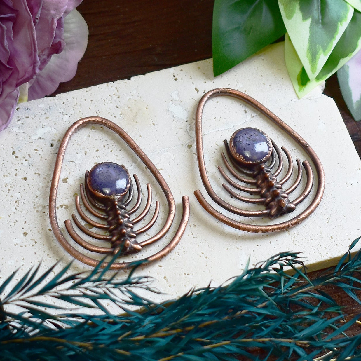 Handmade copper snake vertebrae ear weights with star ruby - electroformed stretched ear jewelry