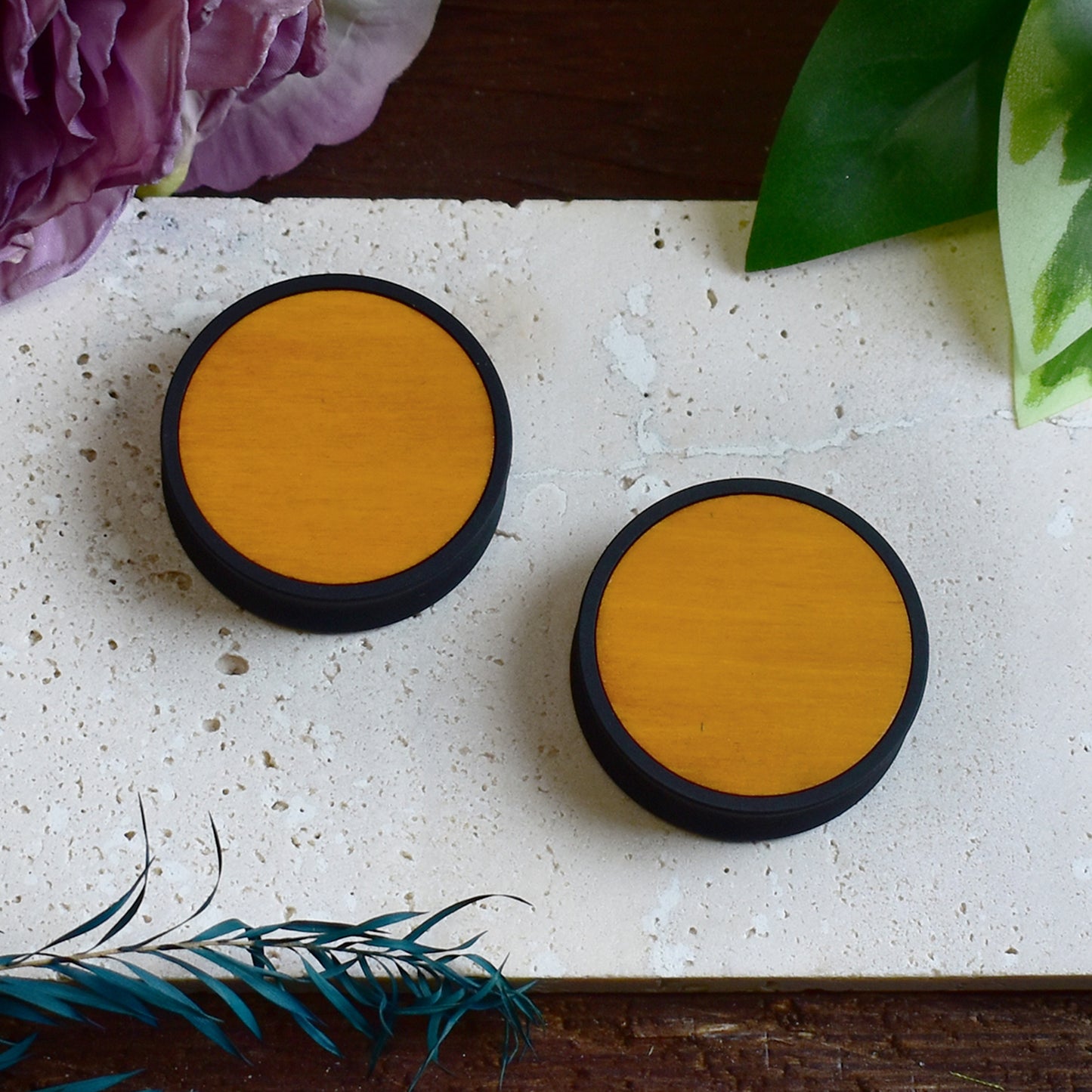 Ear Tunnels 10-100mm with Wood Inlay | Dark Yellow