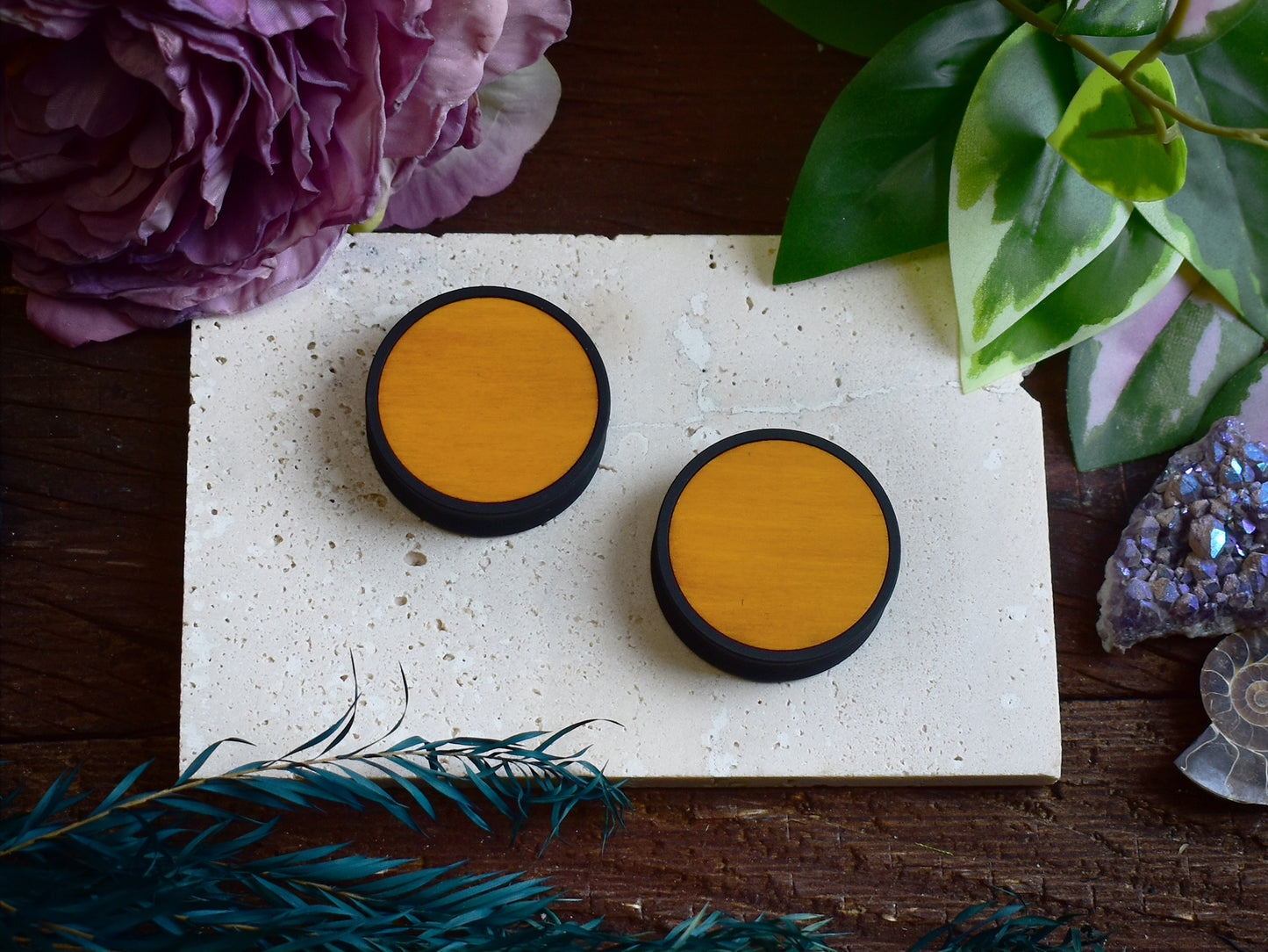 Ear Tunnels 10-100mm with Wood Inlay | Dark Yellow