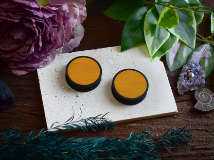 Ear Tunnels 10-100mm with Wood Inlay | Dark Yellow