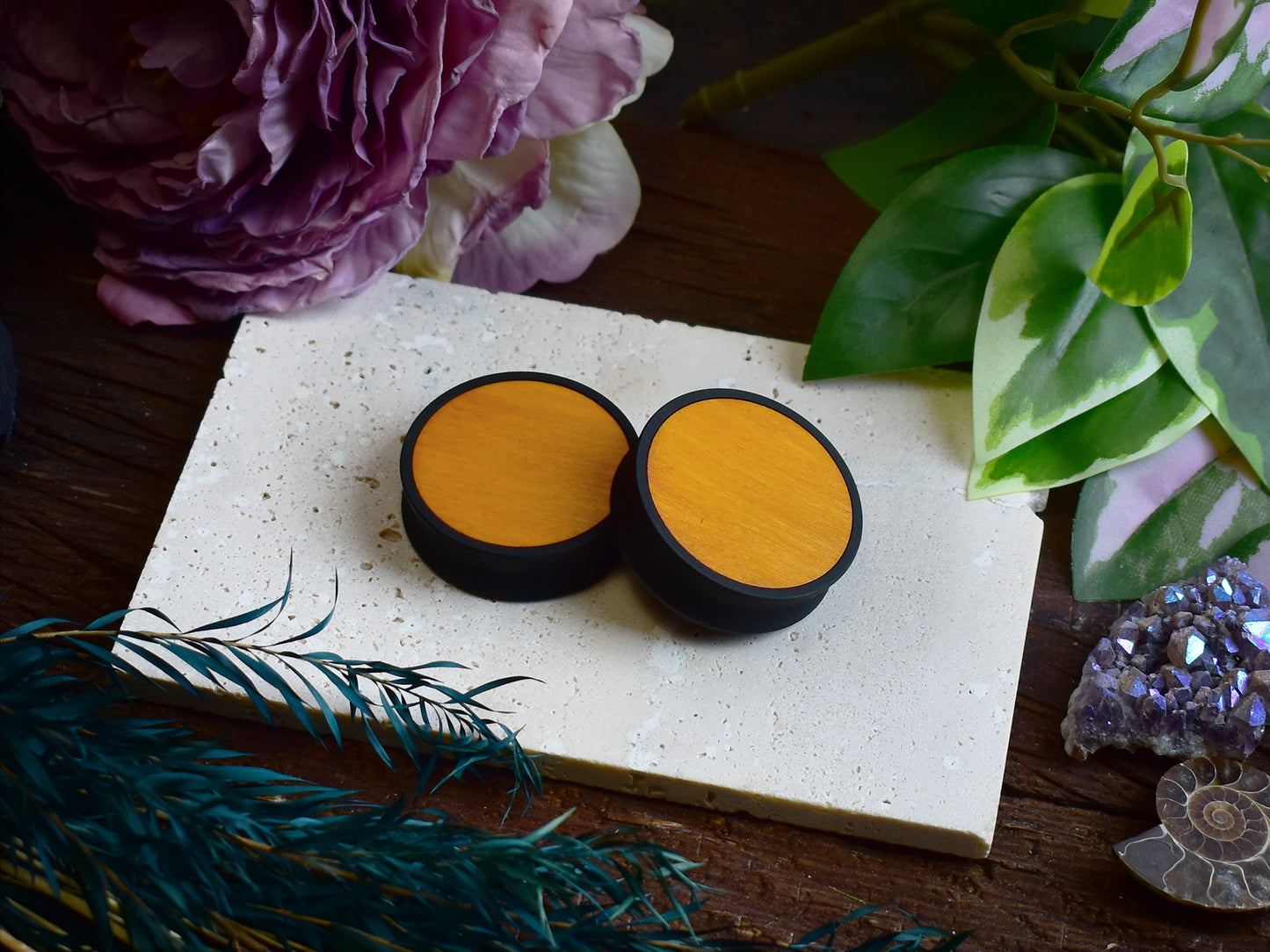 Ear Tunnels 10-100mm with Wood Inlay | Dark Yellow