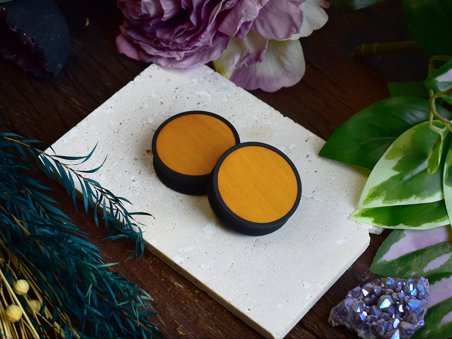 Ear Tunnels 10-100mm with Wood Inlay | Dark Yellow