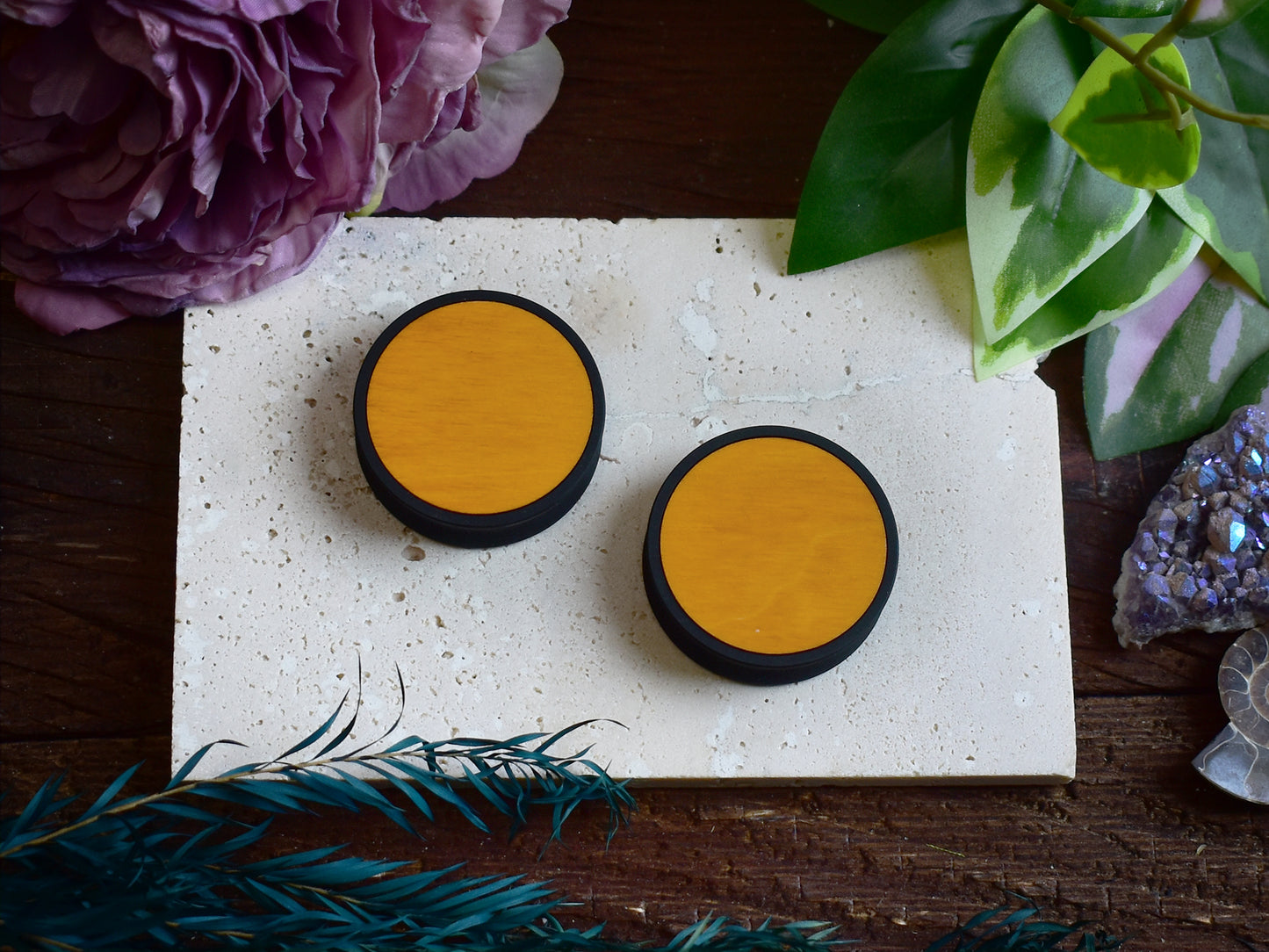 Ear Tunnels 10-100mm with Wood Inlay | Yellow