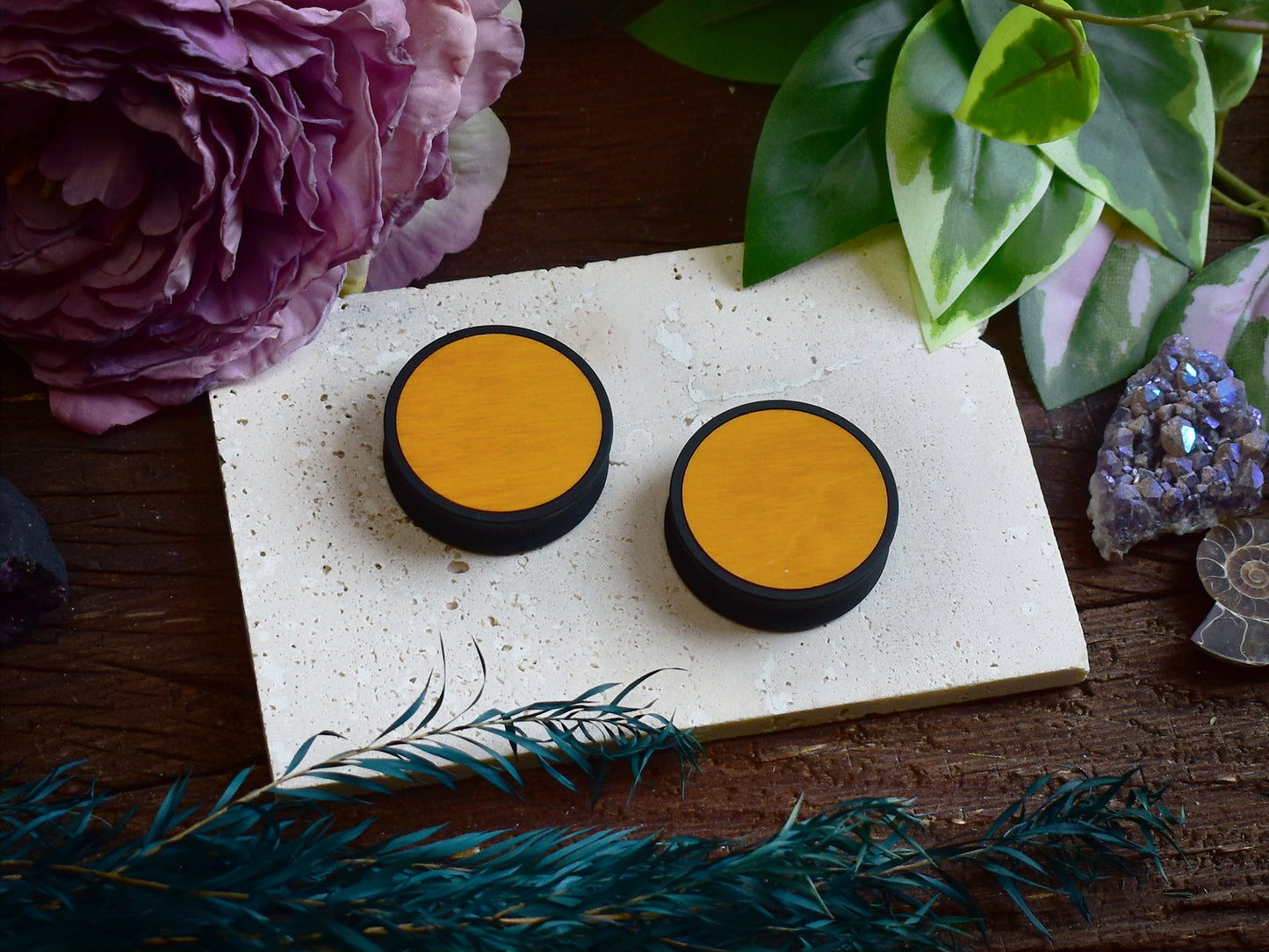 Ear Tunnels 10-100mm with Wood Inlay | Yellow