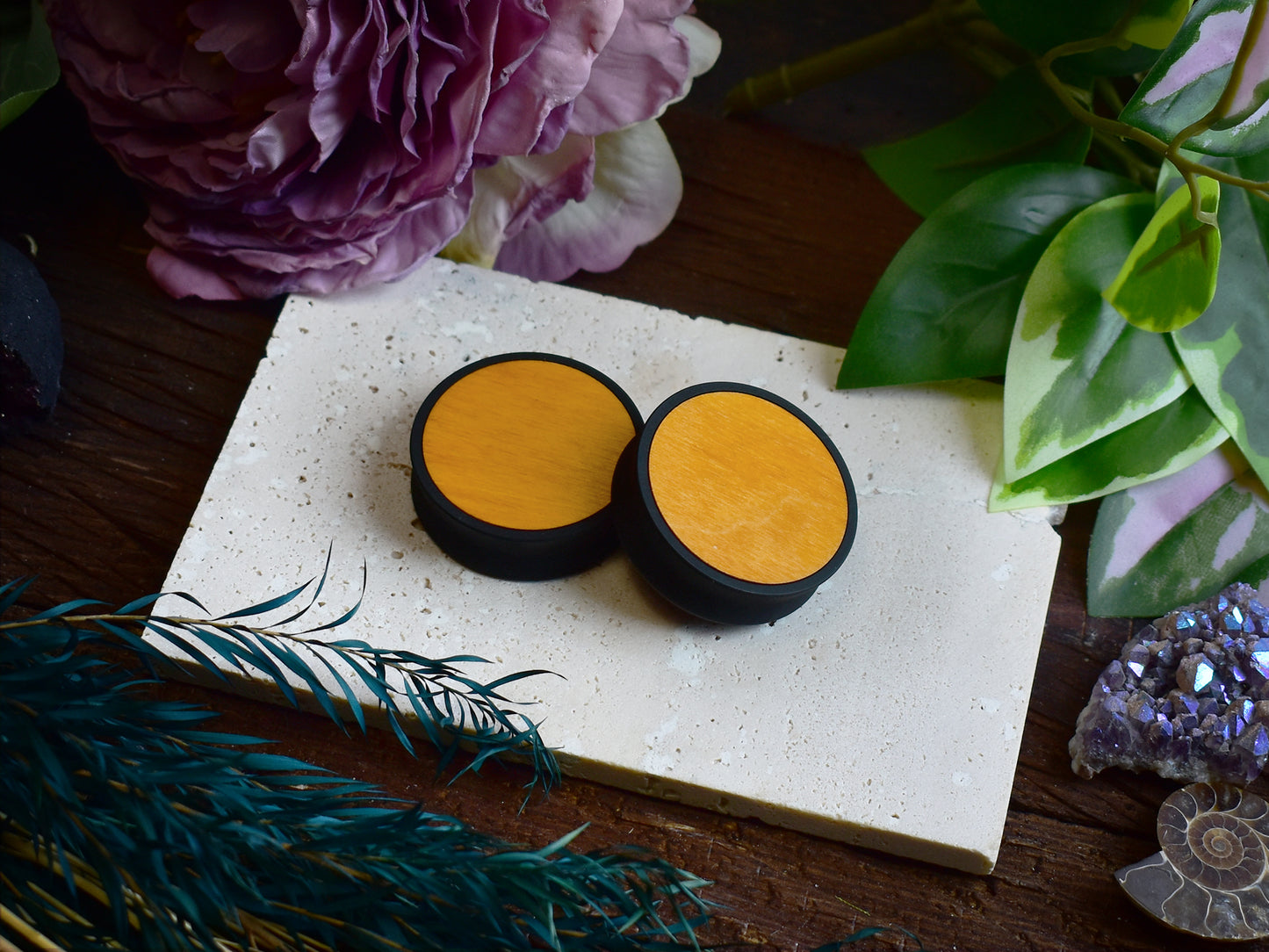 Ear Tunnels 10-100mm with Wood Inlay | Yellow