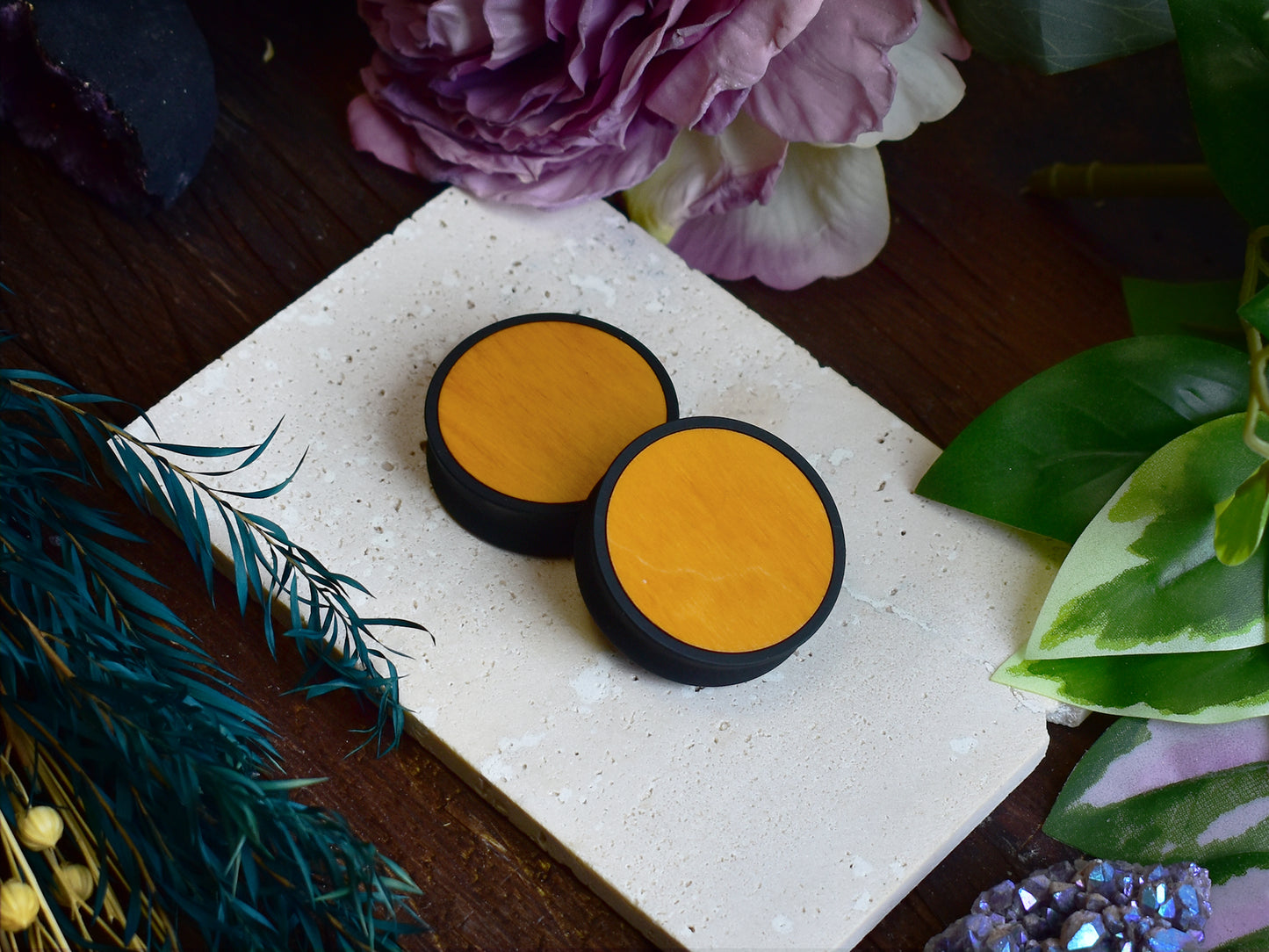 Ear Tunnels 10-100mm with Wood Inlay | Yellow