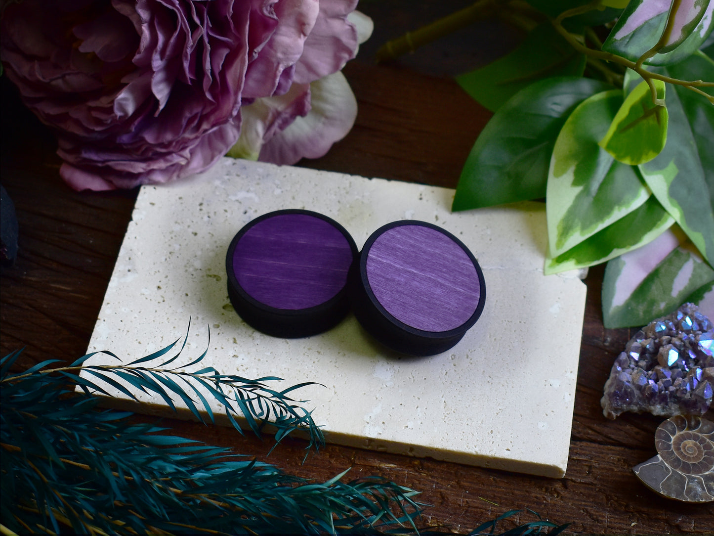 Ear Tunnels 10-100mm with Wood Inlay | Deep Purple