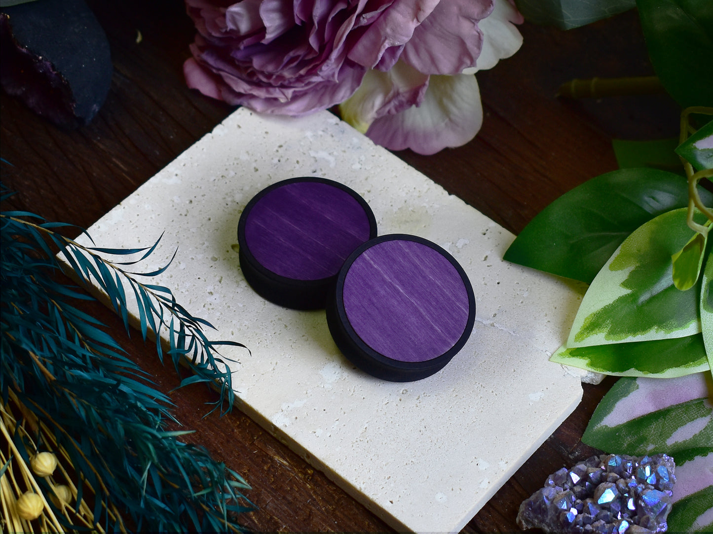 Ear Tunnels 10-100mm with Wood Inlay | Deep Purple