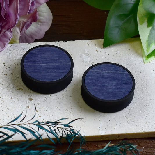 Ear Tunnels 10-100mm with Wood Inlay | Dark Denim Blue