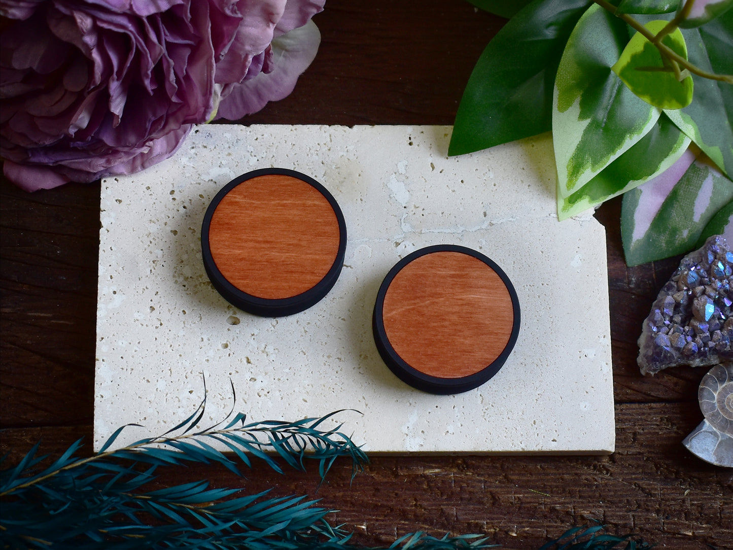 Ear Tunnels 10-100mm with Wood Inlay | Dark Orange