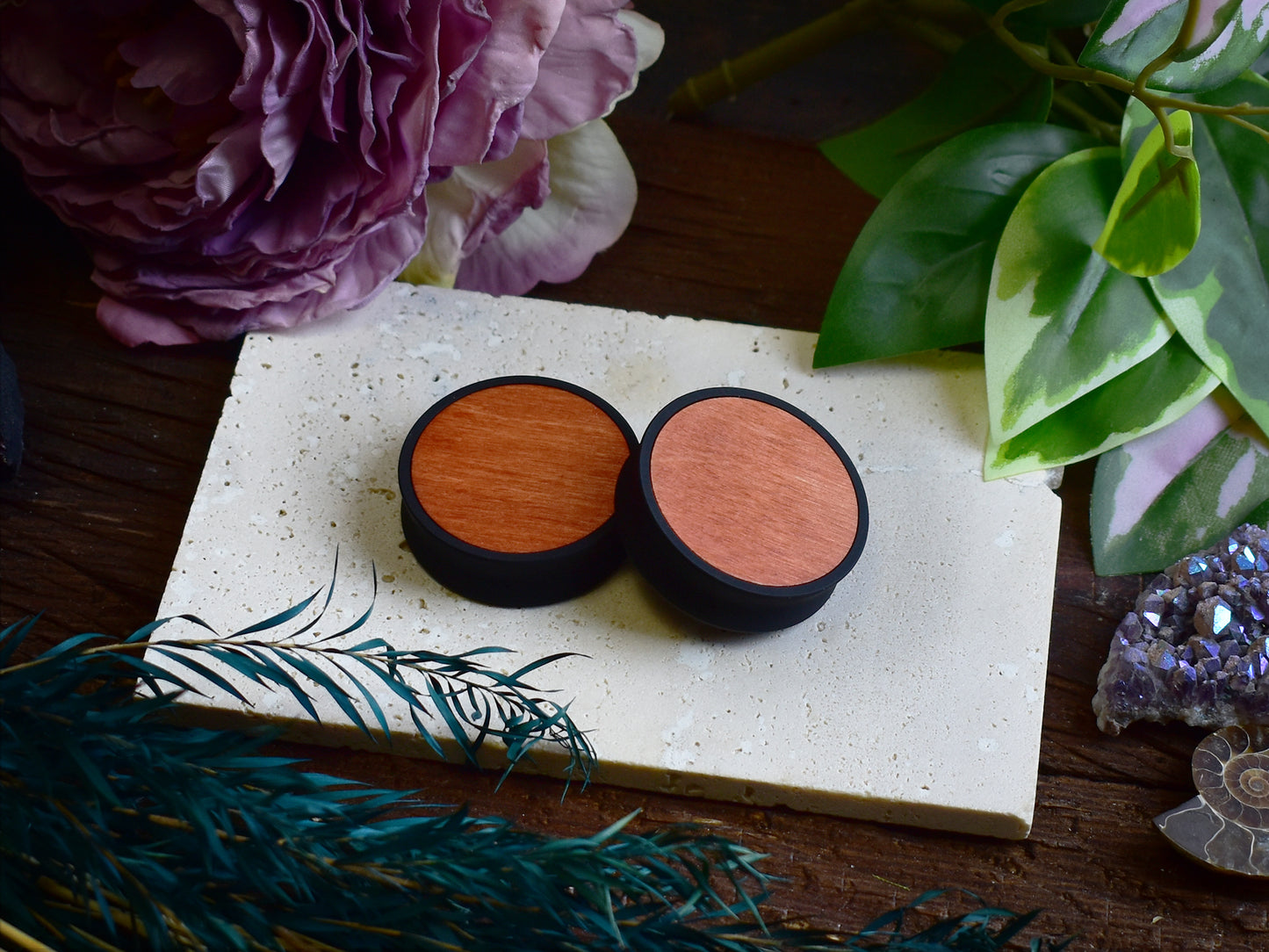 Ear Tunnels 10-100mm with Wood Inlay | Dark Orange