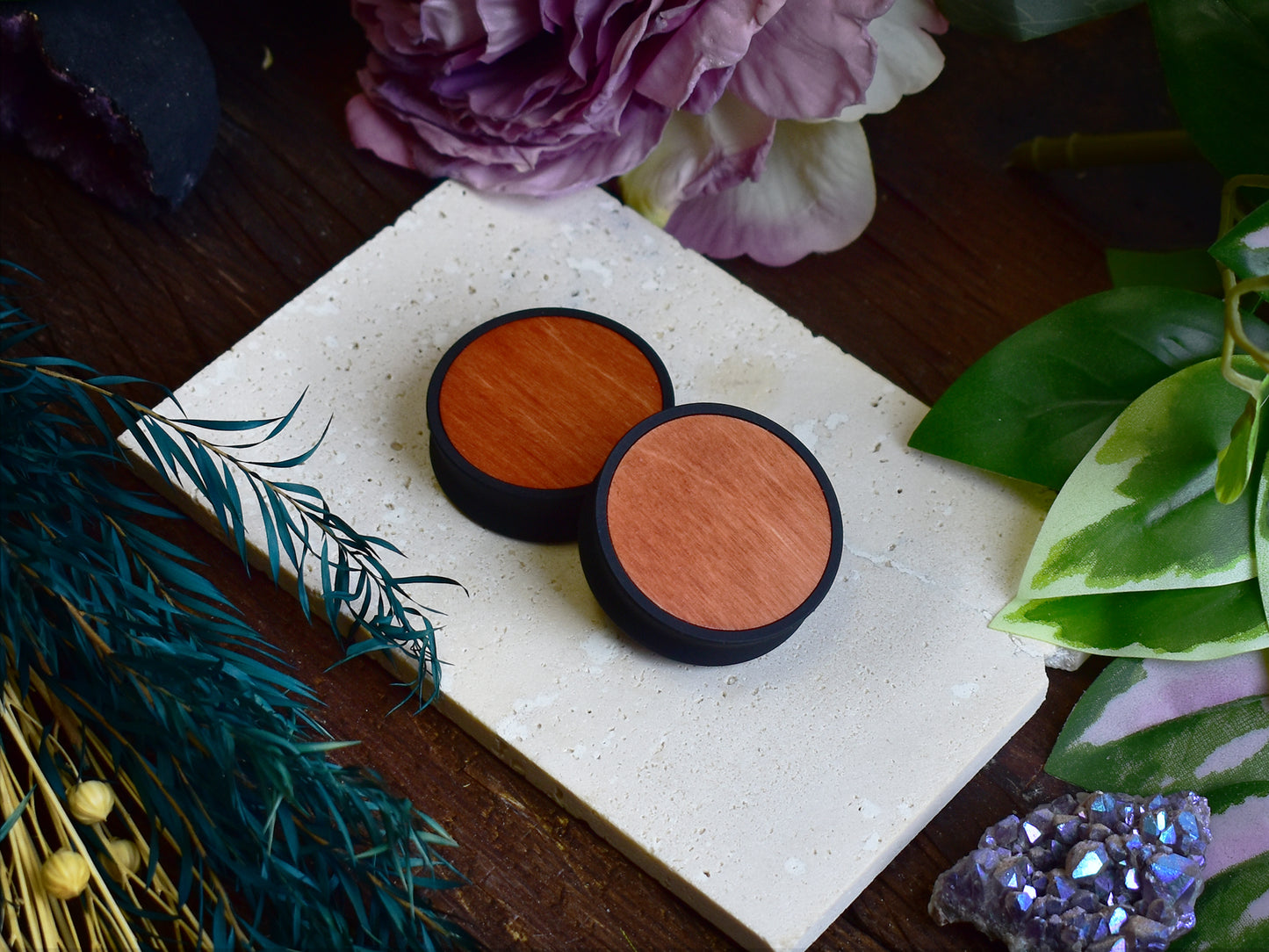 Ear Tunnels 10-100mm with Wood Inlay | Dark Orange