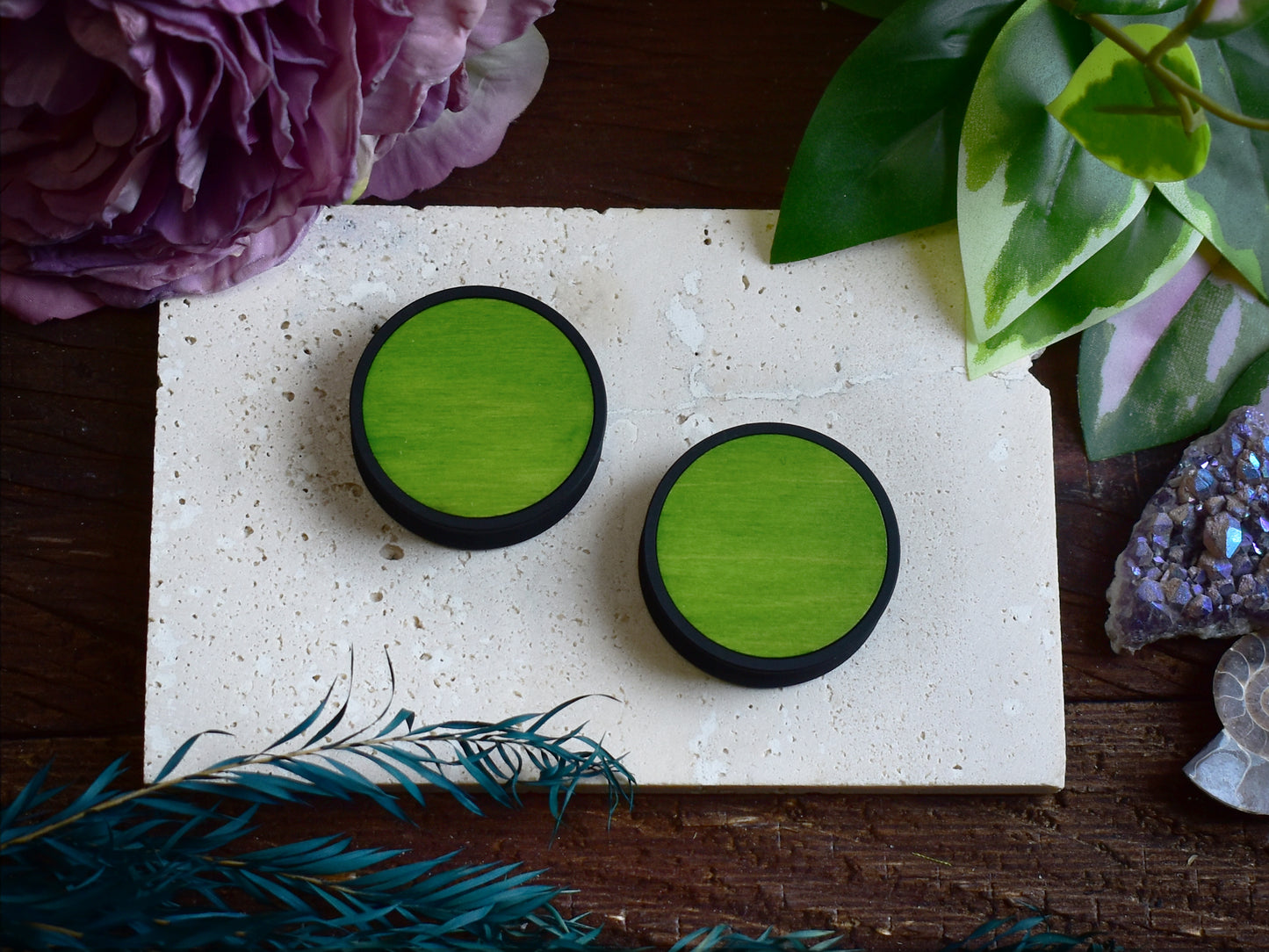 Ear Tunnels 10-100mm with Wood Inlay | Lime Green