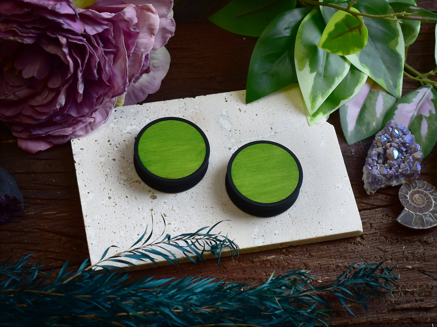 Ear Tunnels 10-100mm with Wood Inlay | Lime Green