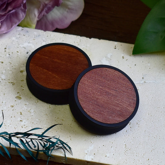 Ear Tunnels 10-100mm with Wood Inlay | Dark Mahogany