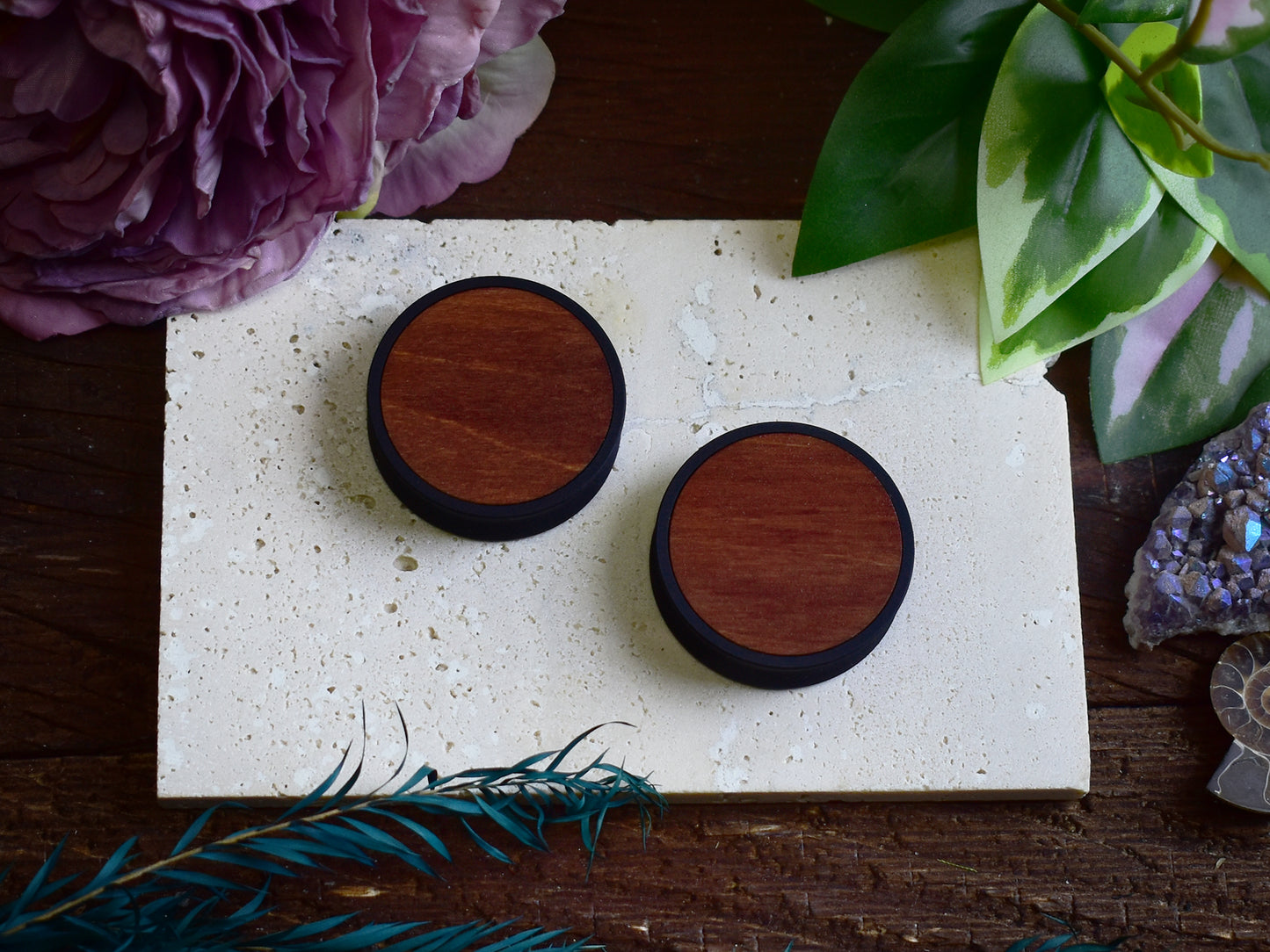 Túneles de oreja 10–100 mm con Relleno de Madera | Caoba Oscuro