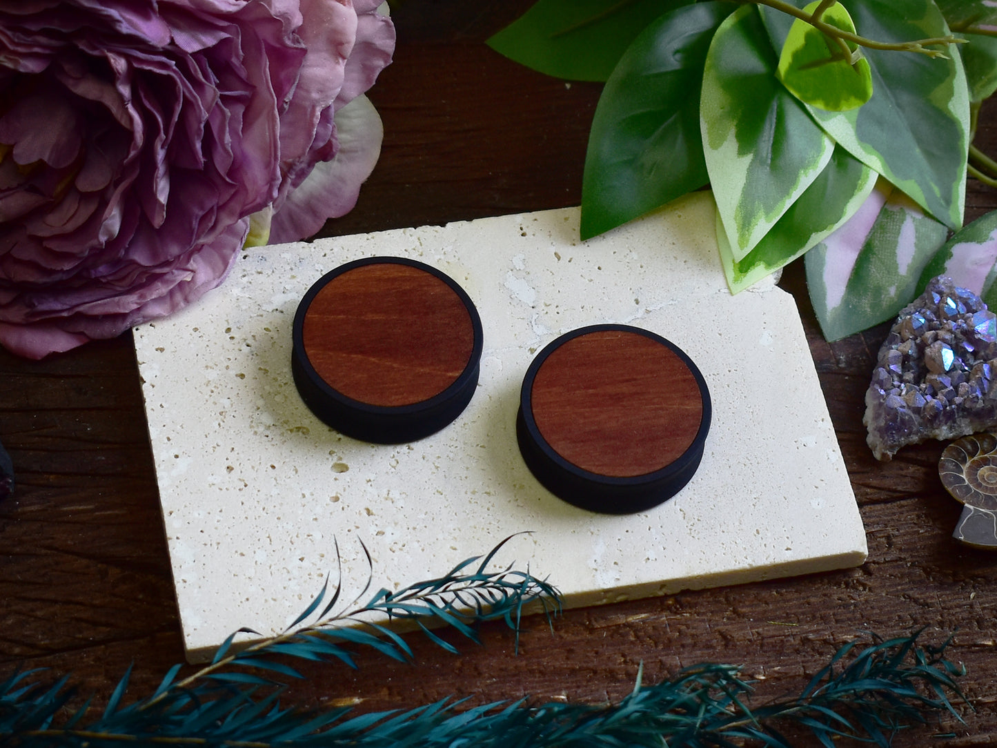 Túneles de oreja 10–100 mm con Relleno de Madera | Caoba Oscuro