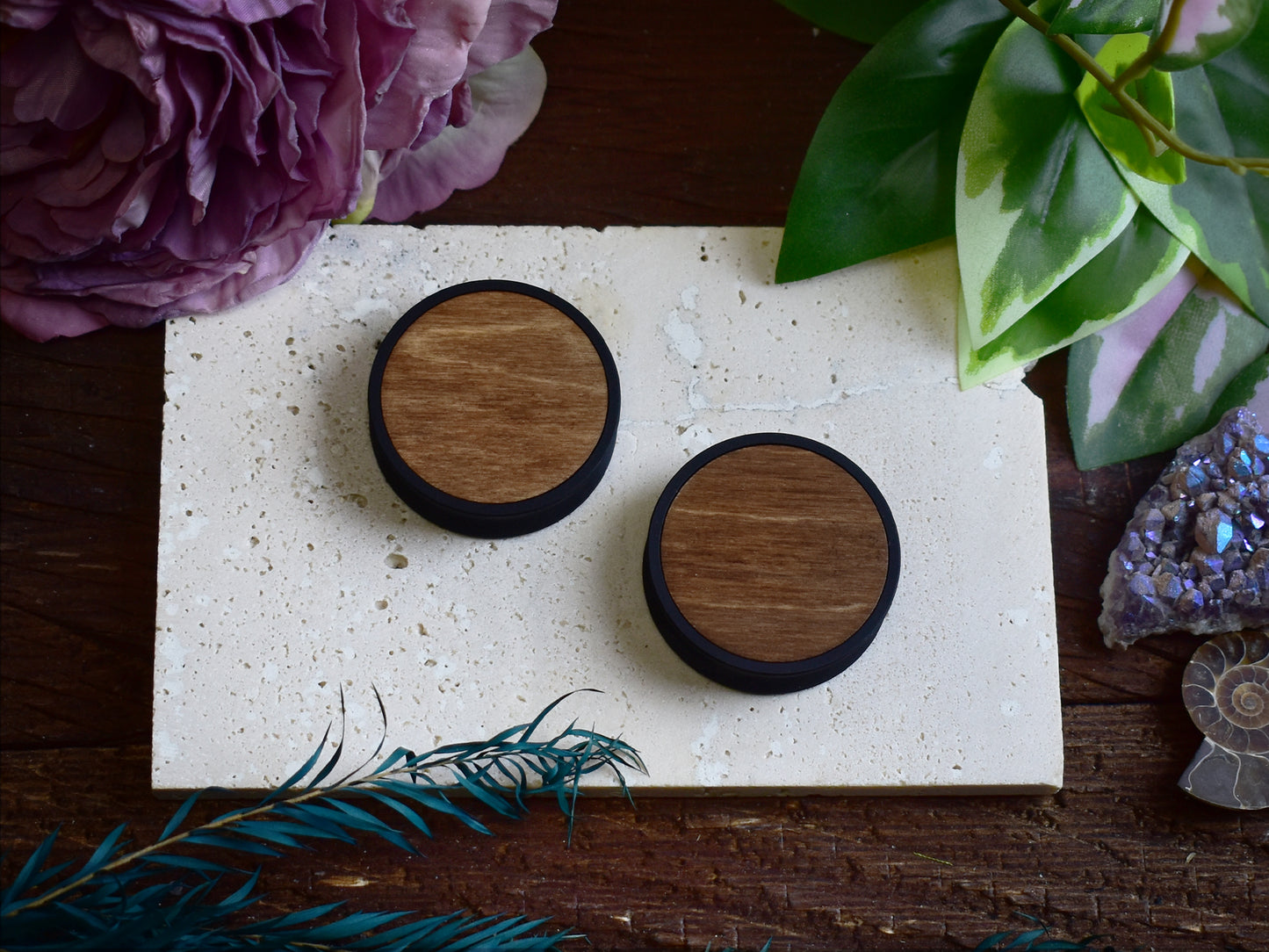 Ear Tunnels 10-100mm with Wood Inlay | Light Walnut