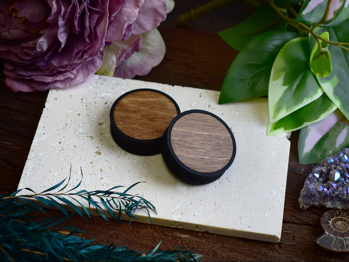 Ear Tunnels 10-100mm with Wood Inlay | Light Walnut