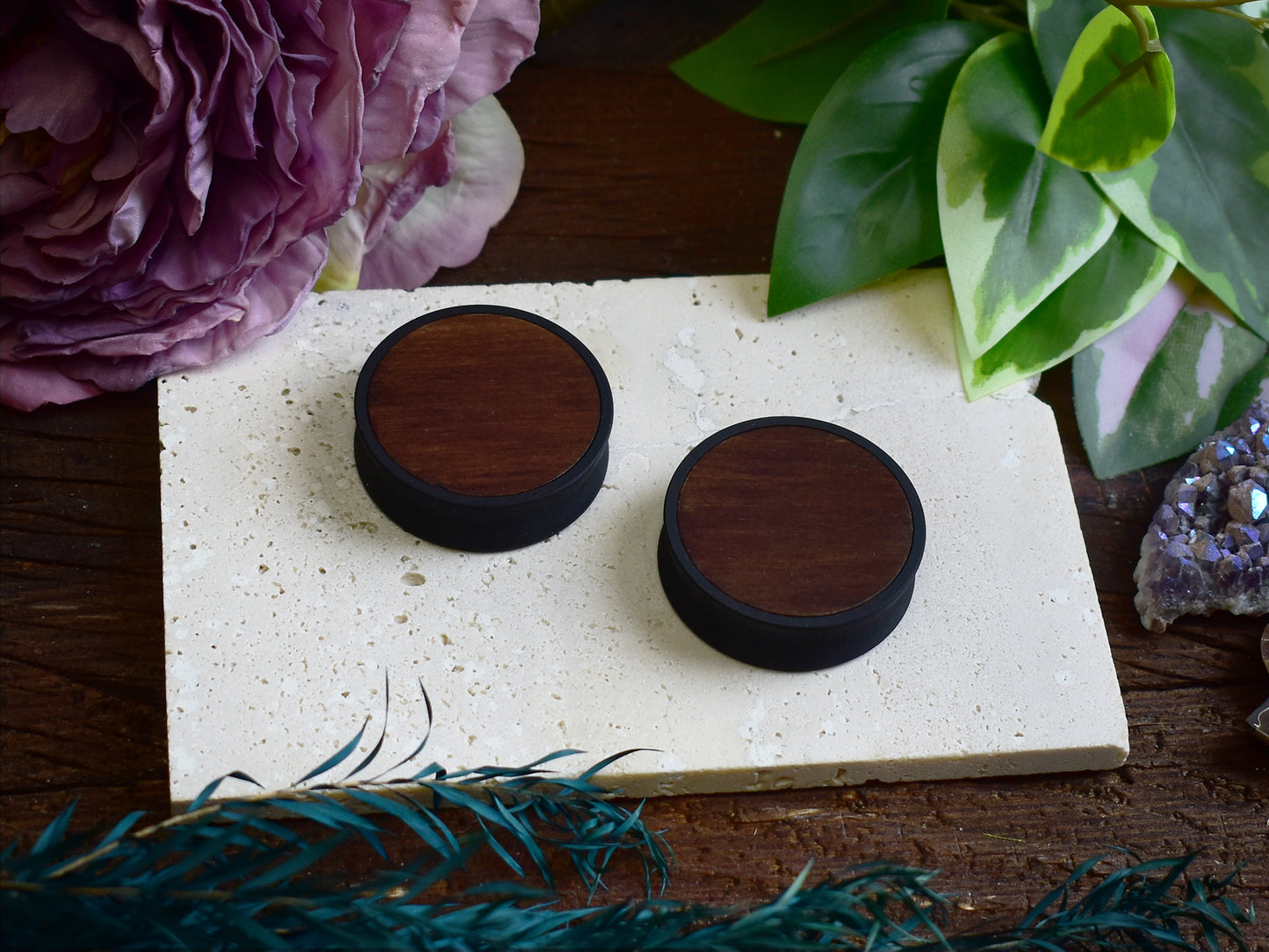 Ear Tunnels 10-100mm with Wood Inlay | Dark Walnut