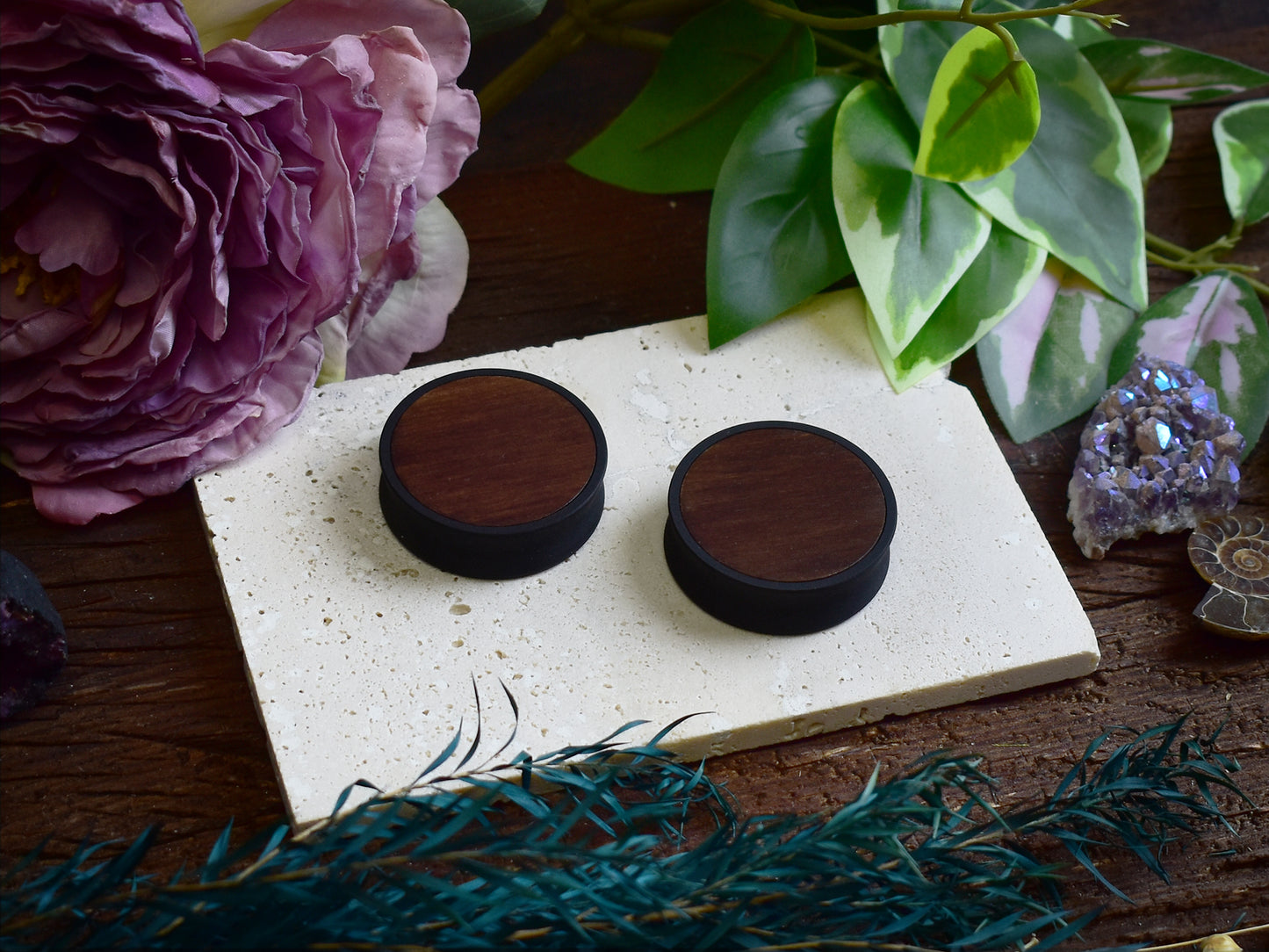 Ear Tunnels 10-100mm with Wood Inlay | Dark Walnut