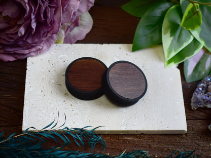 Ear Tunnels 10-100mm with Wood Inlay | Dark Walnut