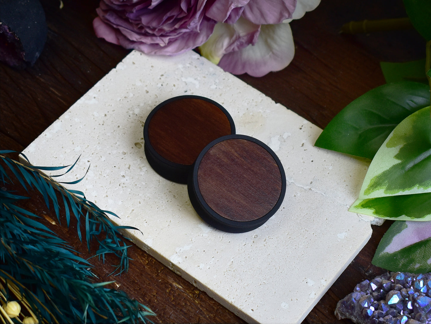 Ear Tunnels 10-100mm with Wood Inlay | Dark Walnut