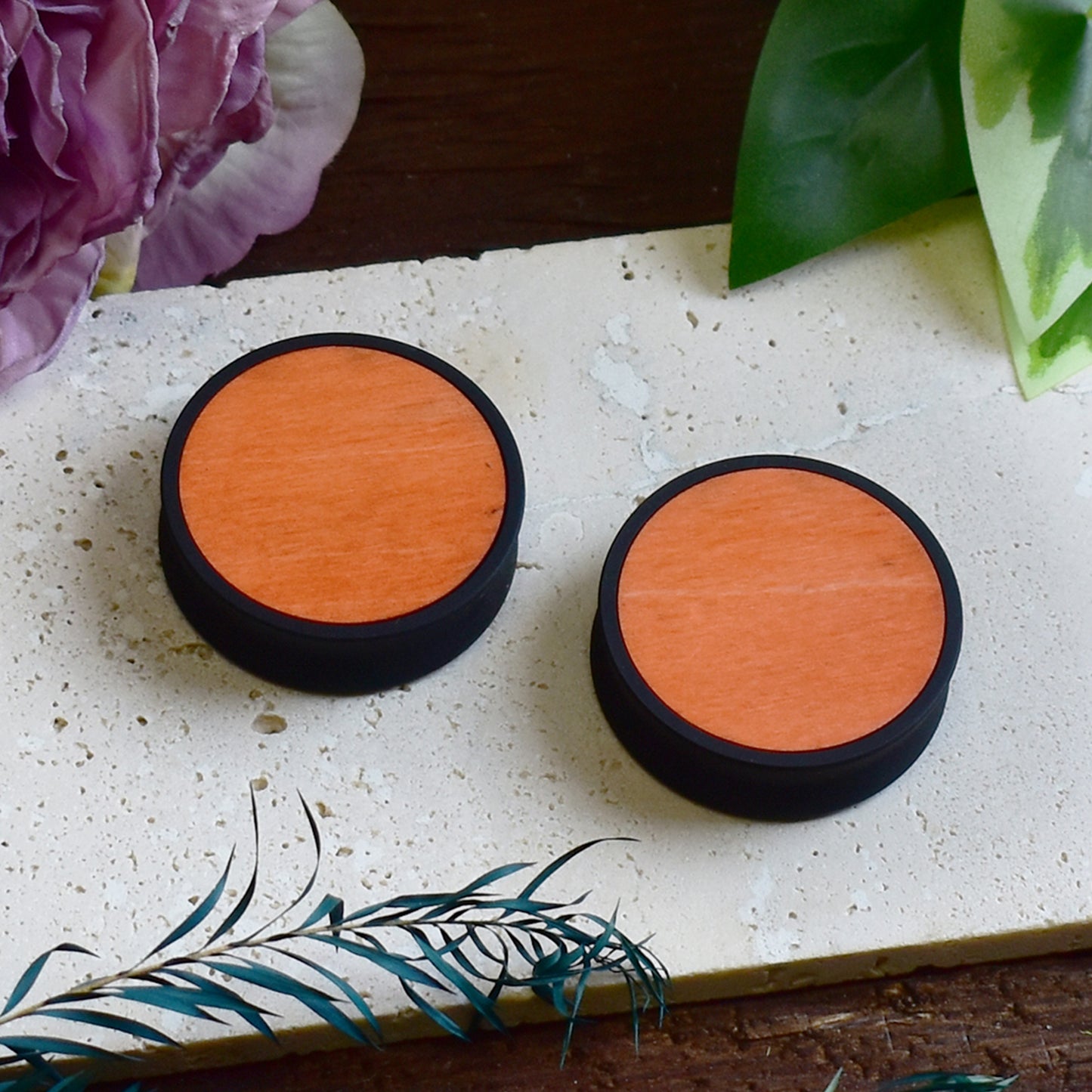 Ear Tunnels 10-100mm with Wood Inlay | Orange