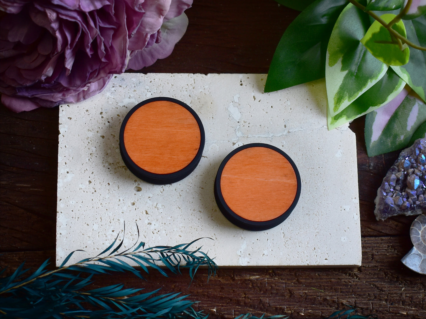 Ear Tunnels 10-100mm with Wood Inlay | Orange
