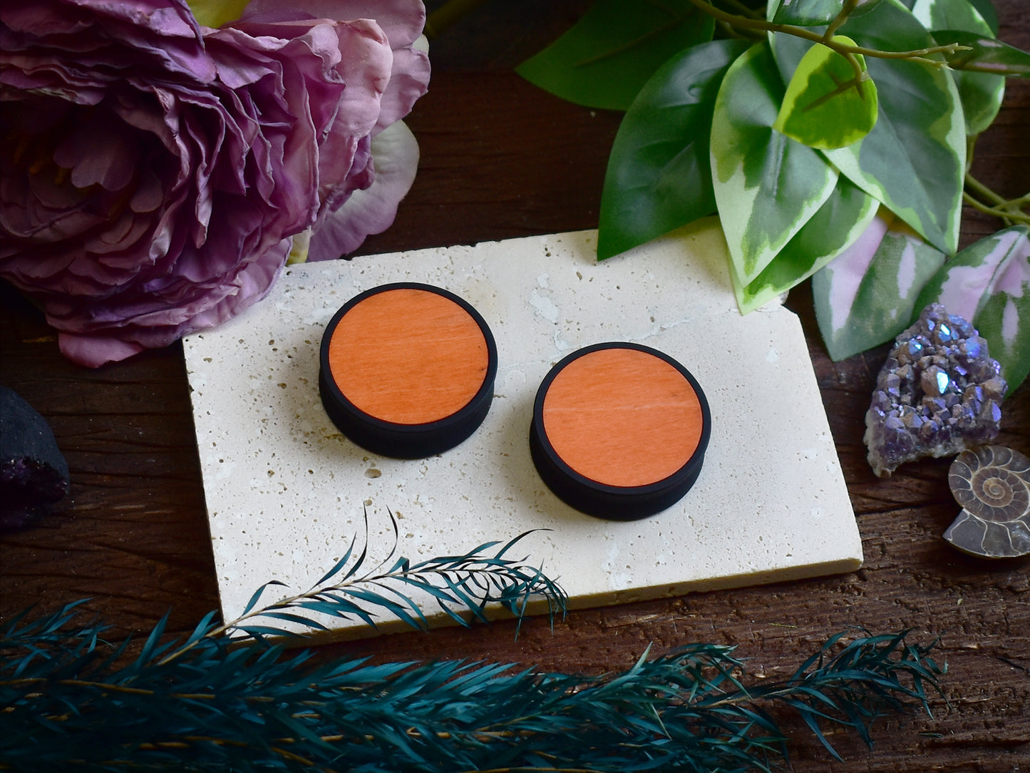 Ear Tunnels 10-100mm with Wood Inlay | Orange