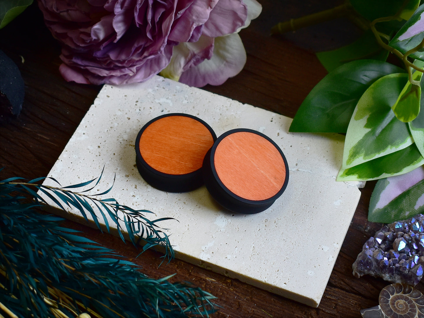 Ear Tunnels 10-100mm with Wood Inlay | Orange