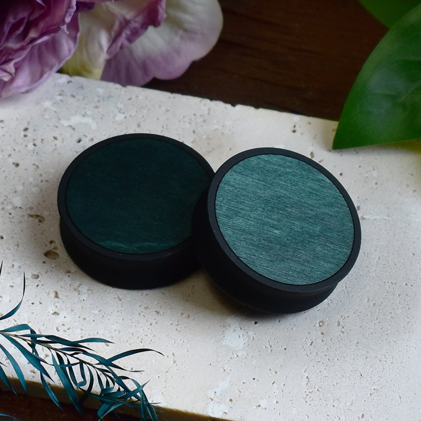 Ear Tunnels 10-100mm with Wood Inlay | Bottle Green