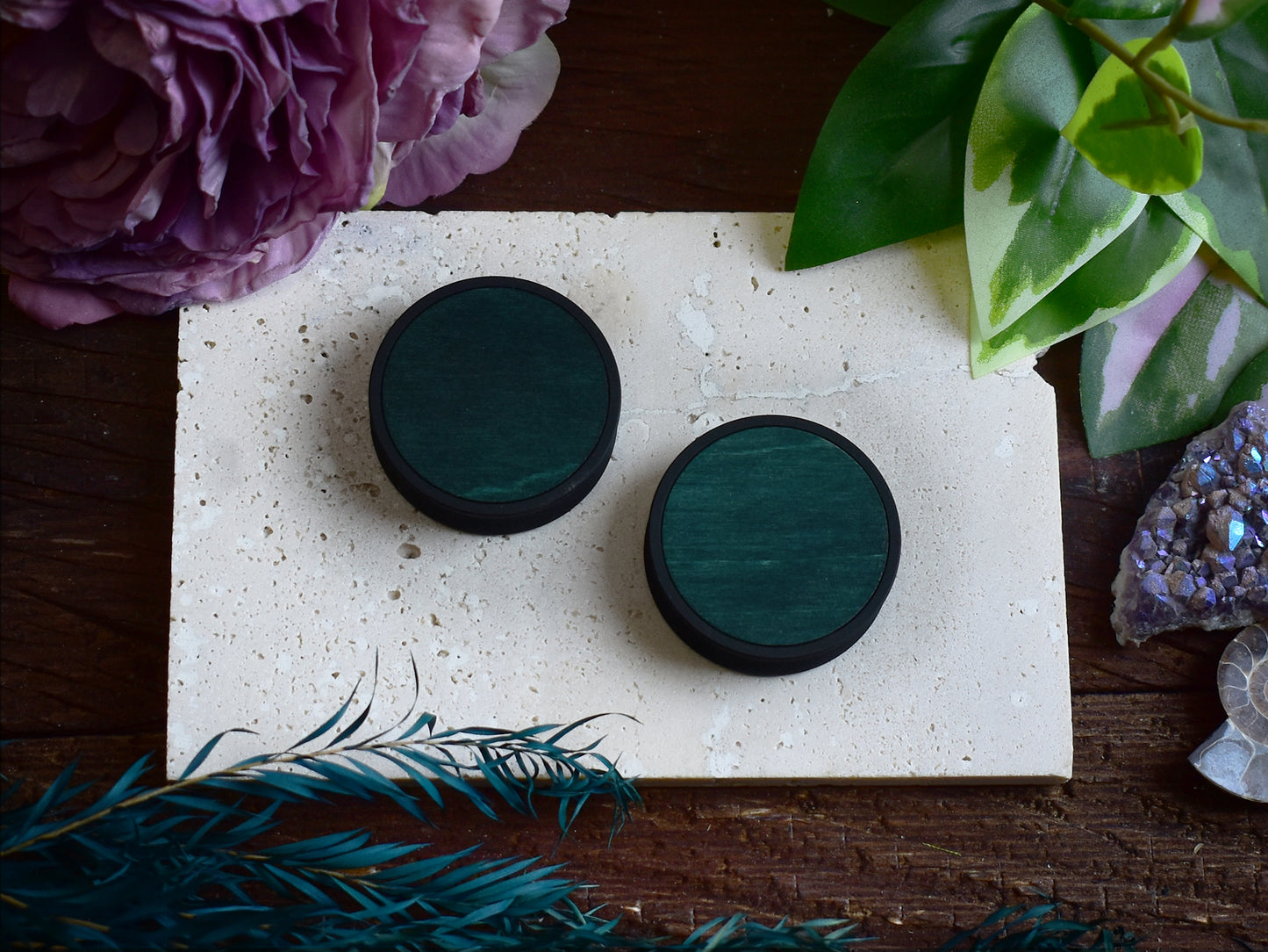 Ear Tunnels 10-100mm with Wood Inlay | Bottle Green