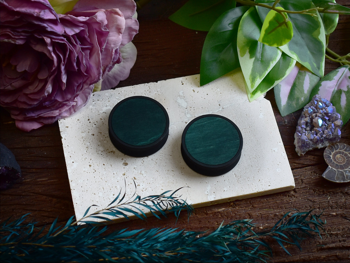 Ear Tunnels 10-100mm with Wood Inlay | Bottle Green