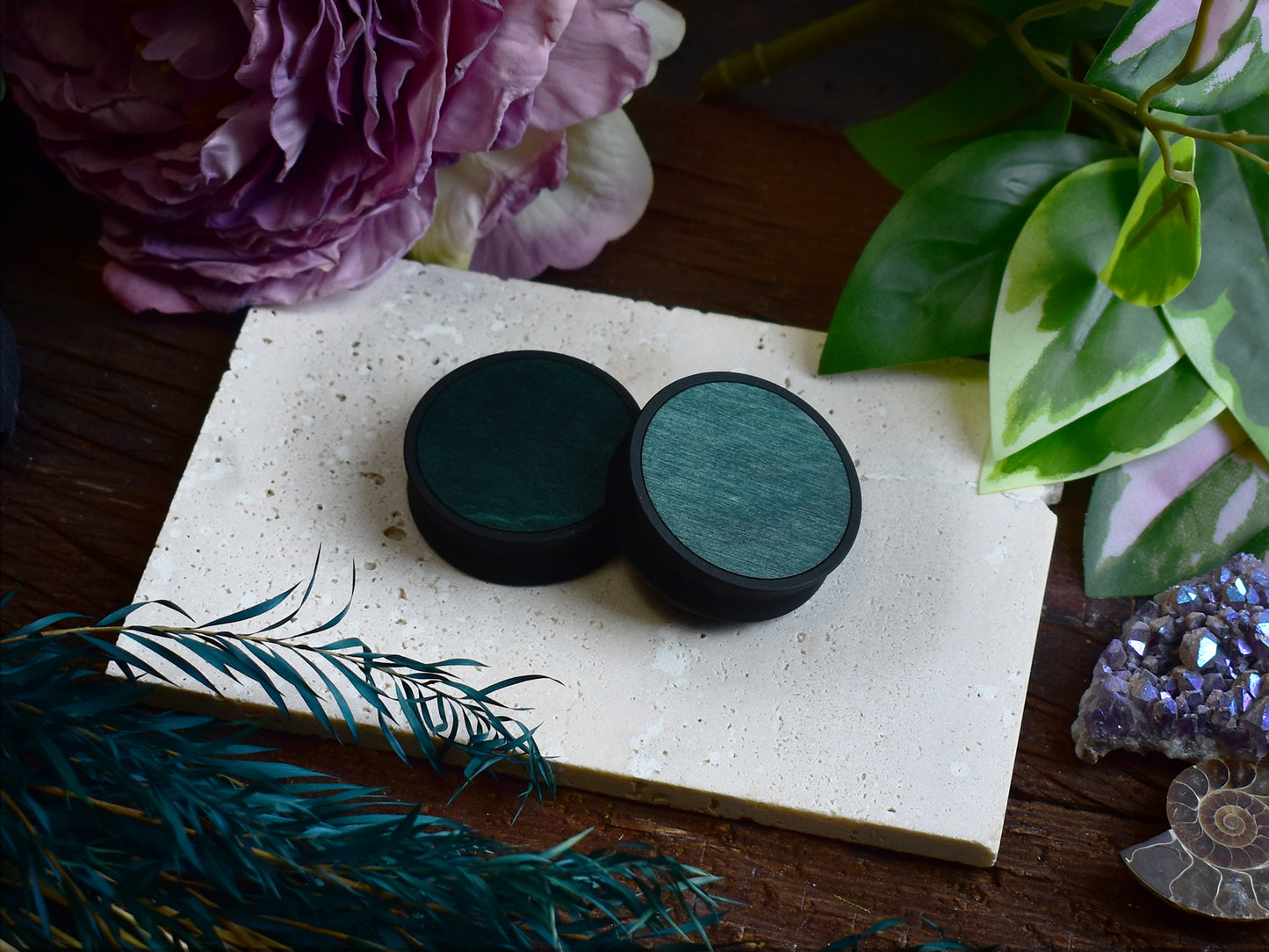 Ear Tunnels 10-100mm with Wood Inlay | Bottle Green