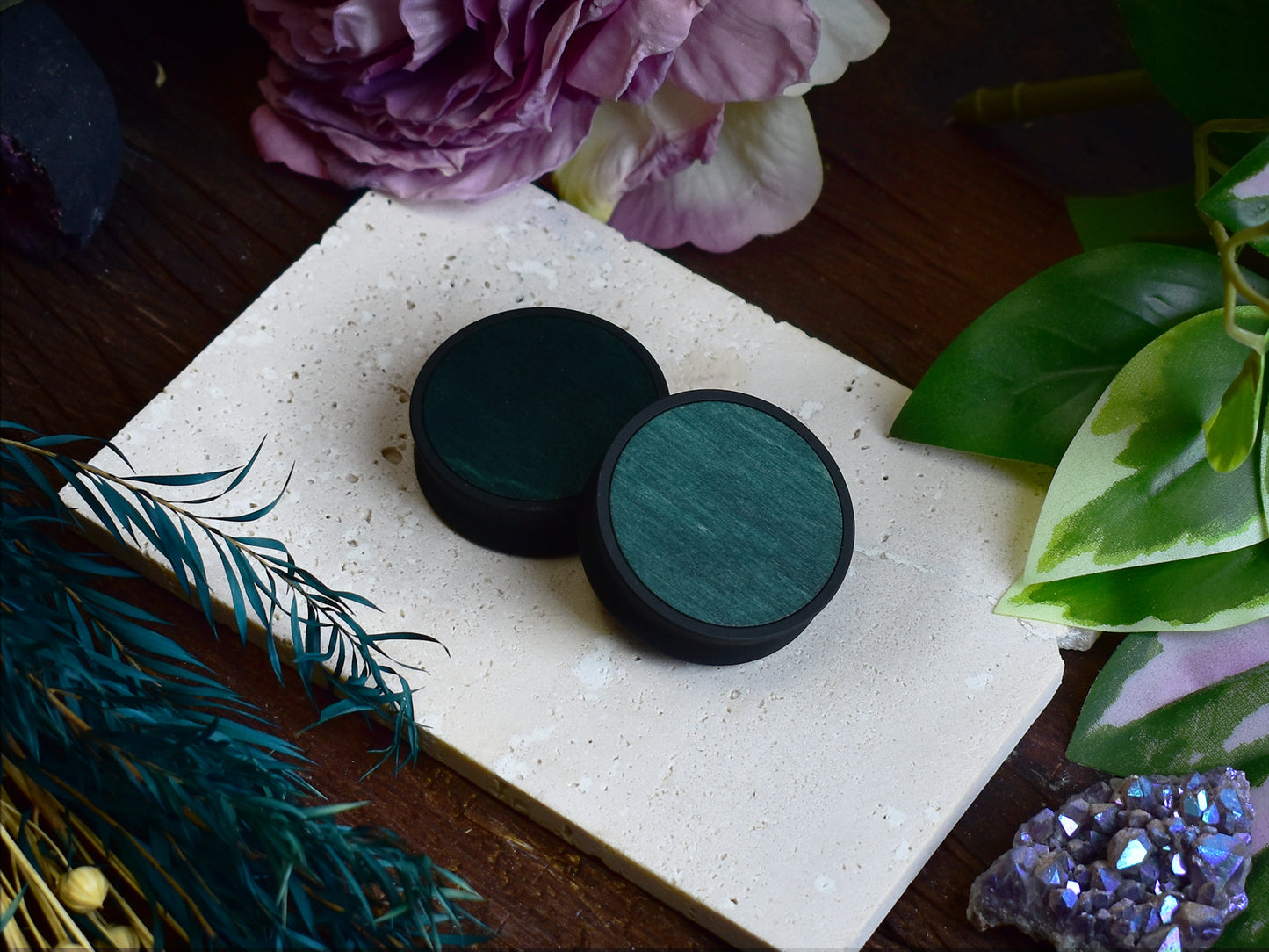 Ear Tunnels 10-100mm with Wood Inlay | Bottle Green