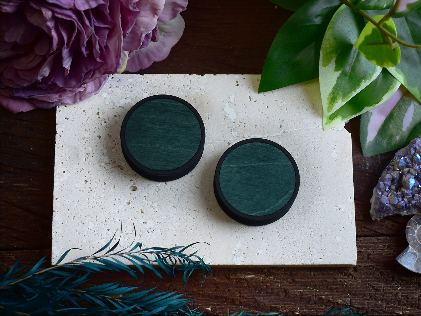 Ear Tunnels 10-100mm with Wood Inlay | Dark Green
