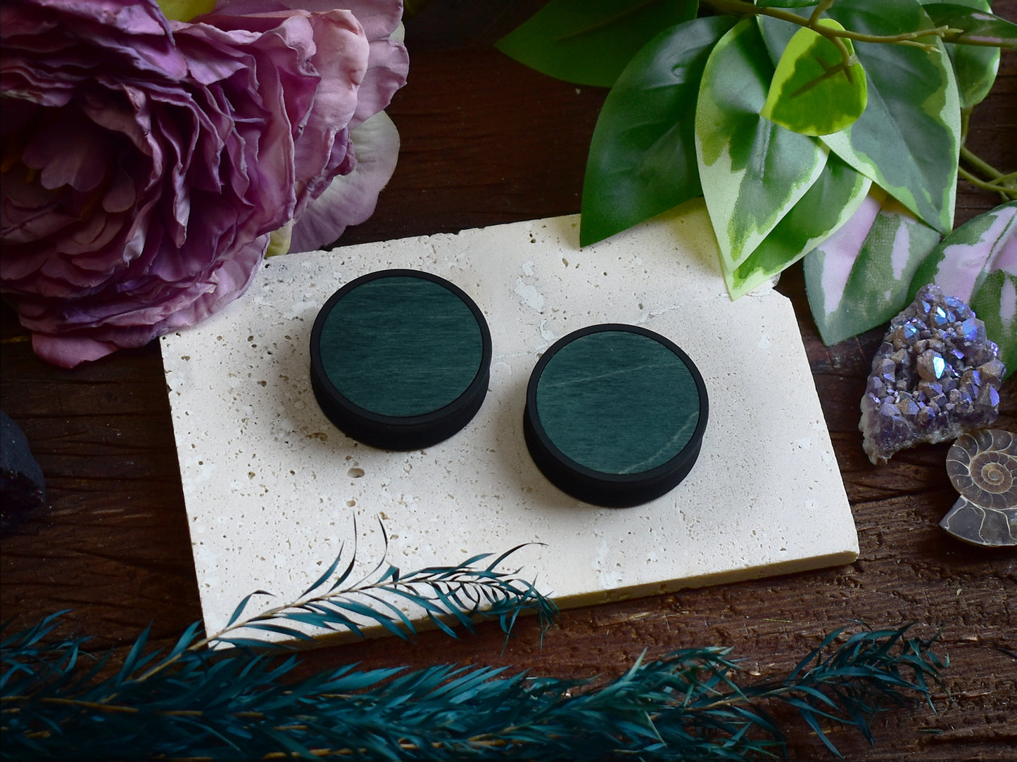 Ear Tunnels 10-100mm with Wood Inlay | Dark Green