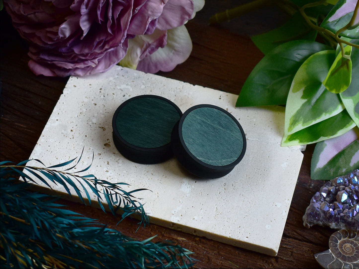 Ear Tunnels 10-100mm with Wood Inlay | Dark Green