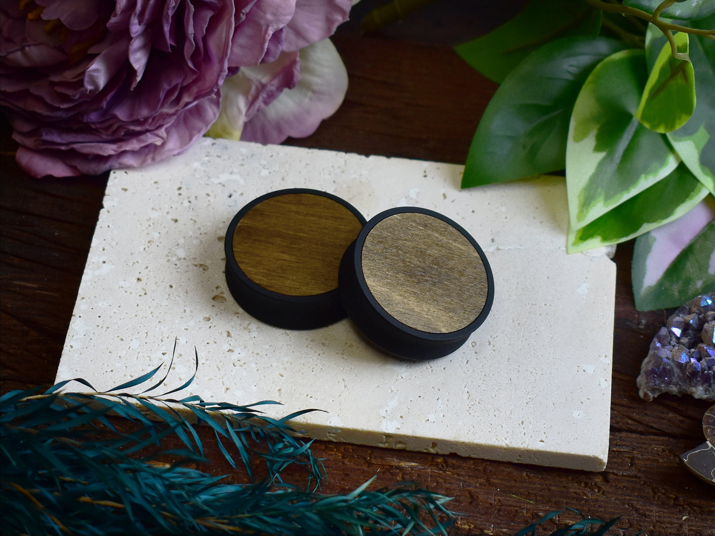 Ohrtunnel 10-100mm mit Holzfüllung | Dunkle Eiche