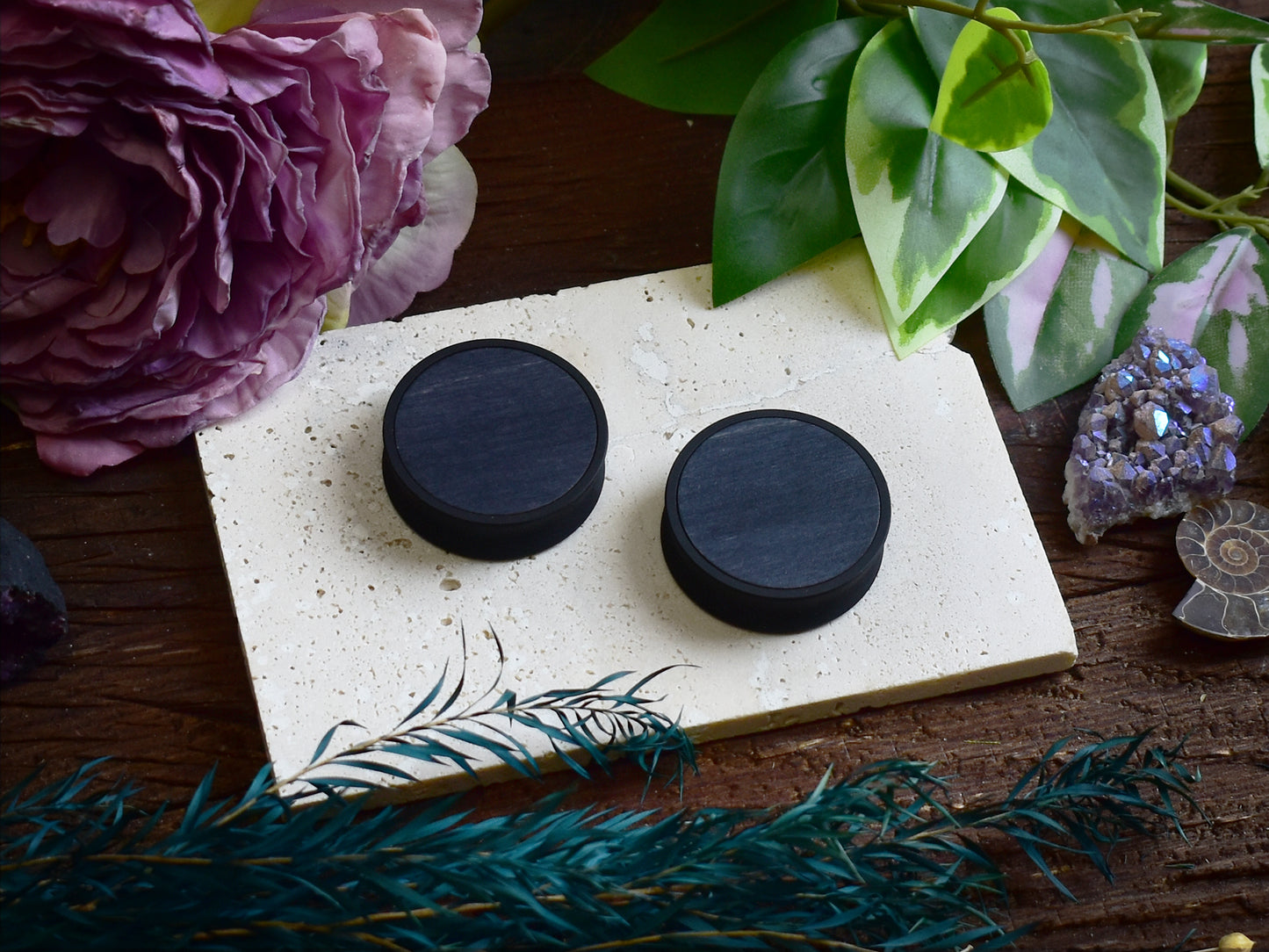 Ohrtunnel 10-100mm mit Holzfüllung | Ebenholz