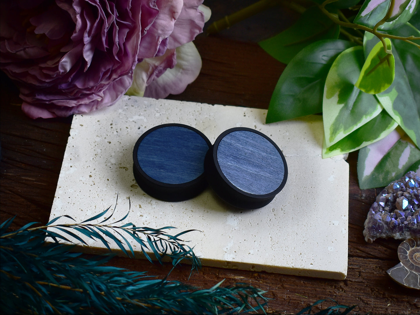 Ohrtunnel 10-100mm mit Holzfüllung | Blau