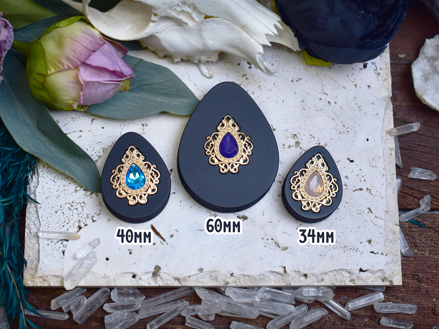 Teardrop Ear Plugs 34-60mm with Grey Crystal & Gold Victorian Decoration